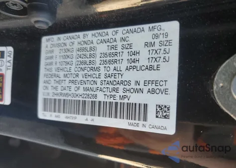 2019 Honda Cr-V Lx z USA, uszkodzony, nr VIN 2HKRW6H30KH228268